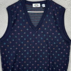 VINTAGE Harbor‎ Club Mens Sweater Vest Large Navy Blue Multi Geometric V-Neck